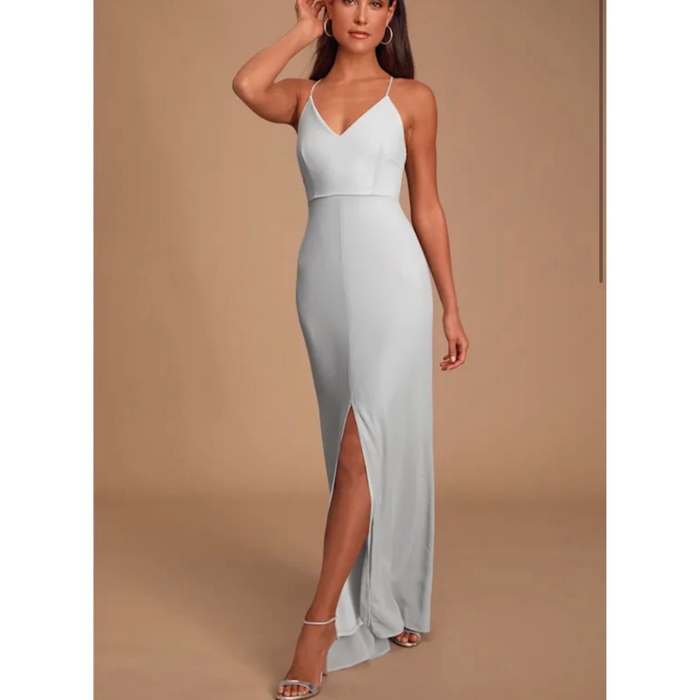Lavender Grey Lace Back Maxi Dress‎ V-Neck Formal Gown with Front Slit